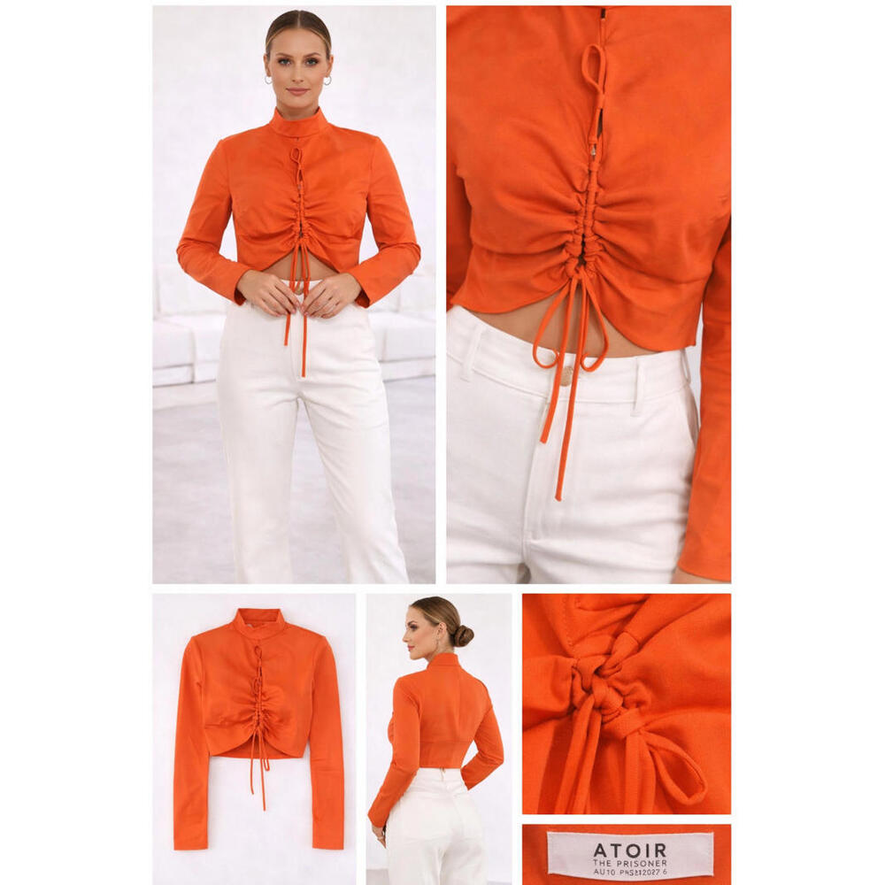 Atoir The Prisoner Top AU 10 US 6 Melon Orange Ruched Tie Front Crop Long Sleeve